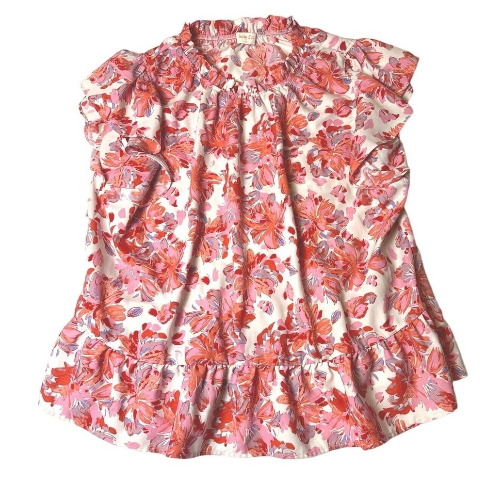 Hailey & Co Womens Flowy Round Top Blouse Flutter Sleeves Ruffles Floral Pink 2X
